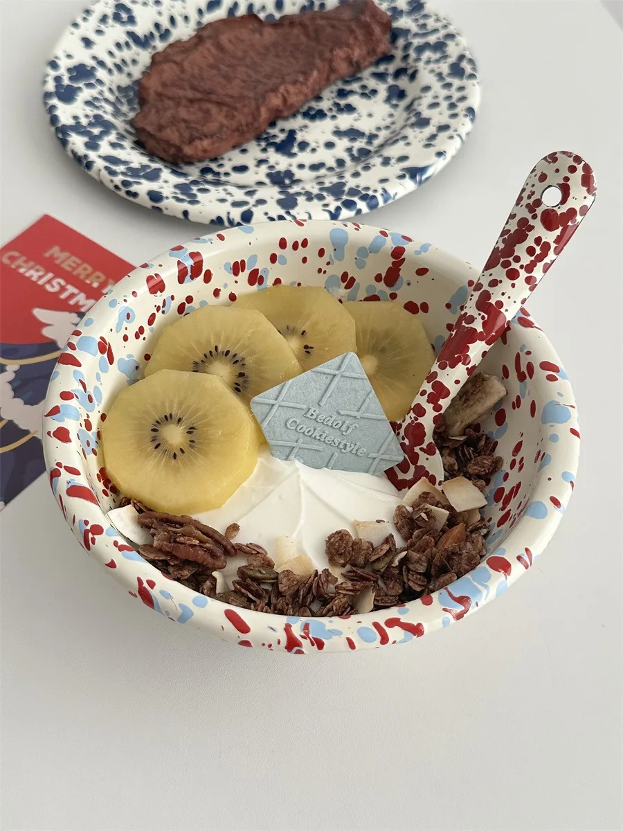 Korean INS Popular Red and Blue Ink Splash Enamel Yogurt Oatmeal Fruit Salad Bowl Internet Celebrity High-end Tableware