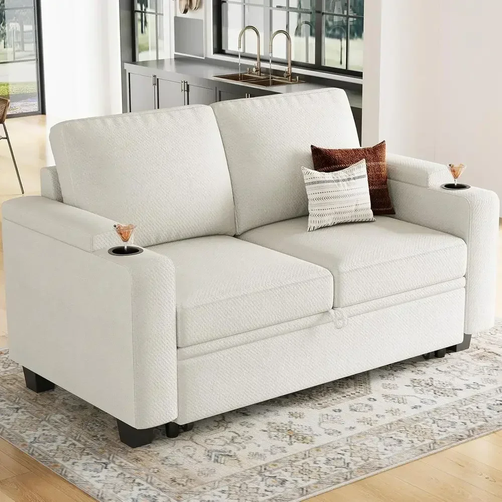 Beige Pull-Out Bed Sectional Sofa with Sleeper Loveseat for Living Room