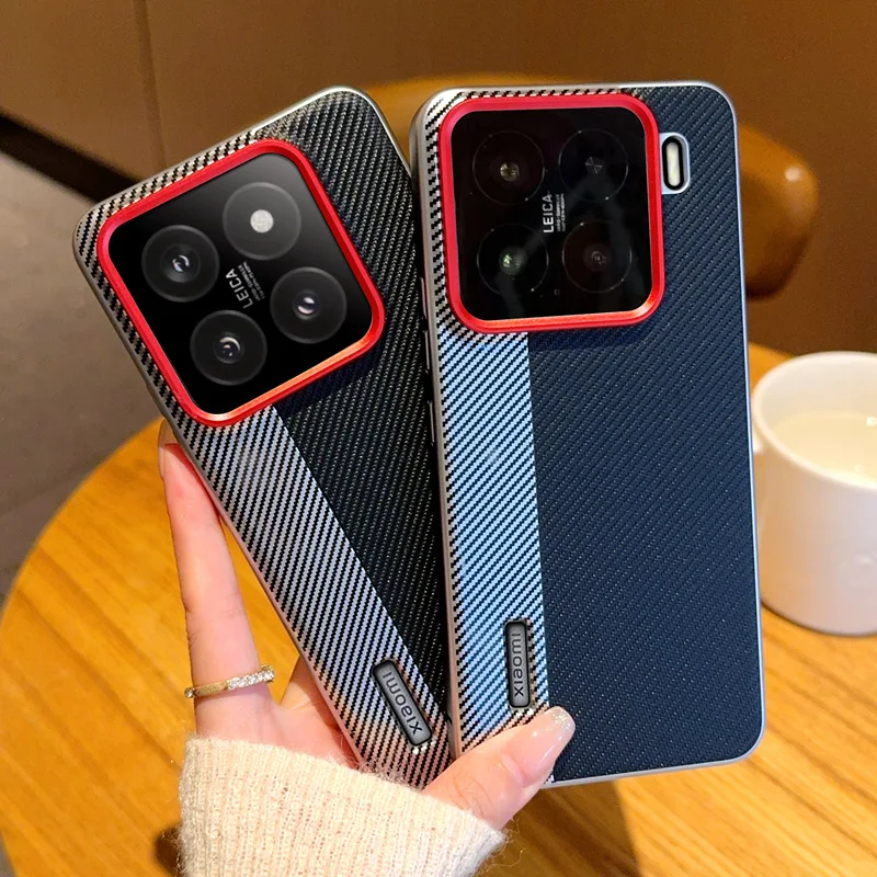 

For Xiaomi 15 15 Pro 14 14 Pro Red Lens Ring Dual Color-Block Carbon Fiber Anti-Fingerprint Phone Case