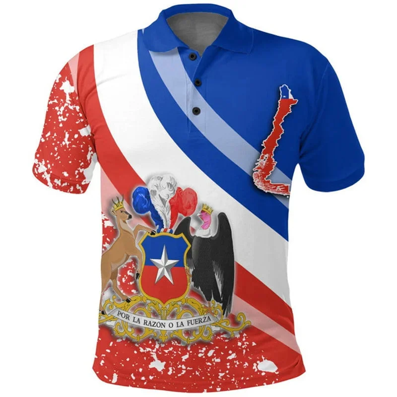 Fashion Cool 3D Chile National Flag Printing Polo Shirt Chile Coat Of Arms Graphic Polo Shirts Men Streetwear Polos Vintage Tops