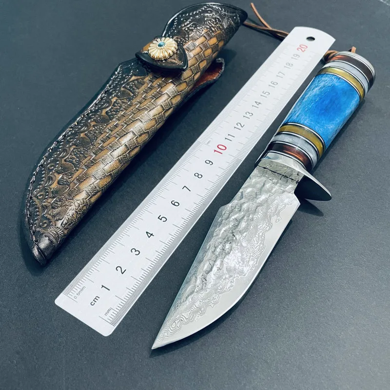 

Dropshipping Forged Damascus Steel Sharp Fixed Blade Knife Bovine Bone Resin Handle Hunting Knife 62HRC Camping Survival Tool