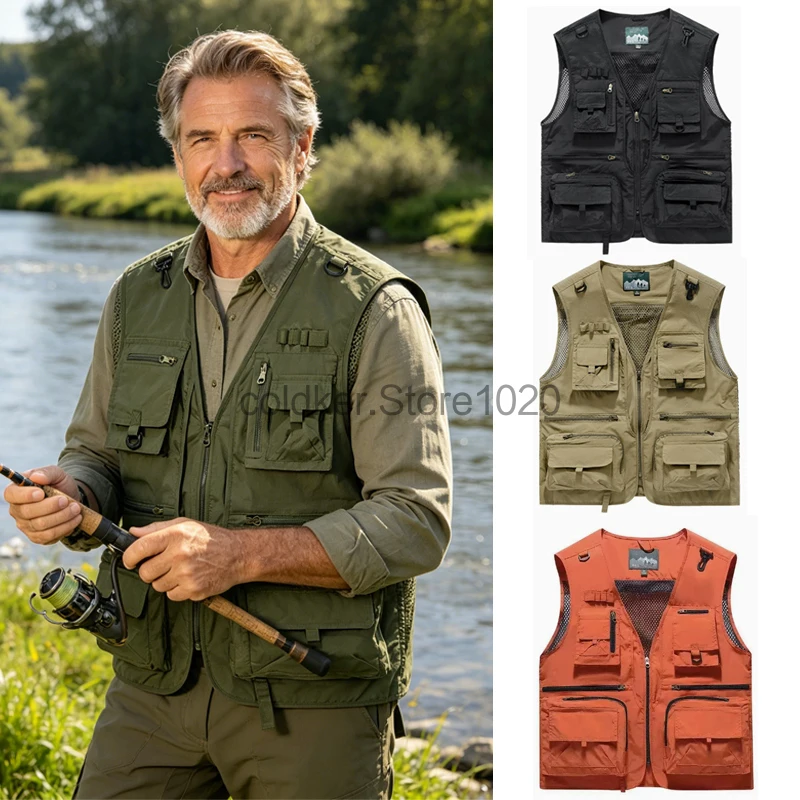 Men's Multi Pockets Vest Summer Solid Casual Breathable Outdoor Fishing Versatile Vest Climbing Quick Drying Sleeveless Jackets