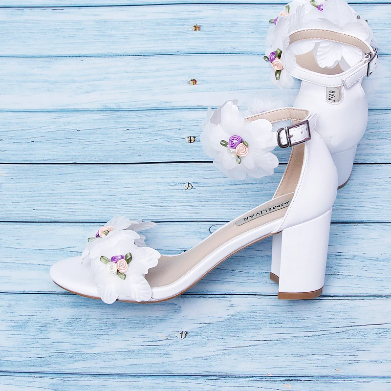 Open Toe Chiffon Flower Sandals One-button Ankle Strap Hollow White Pu Leather Square Chunky Heel Women Summer Daily Wear Shoes