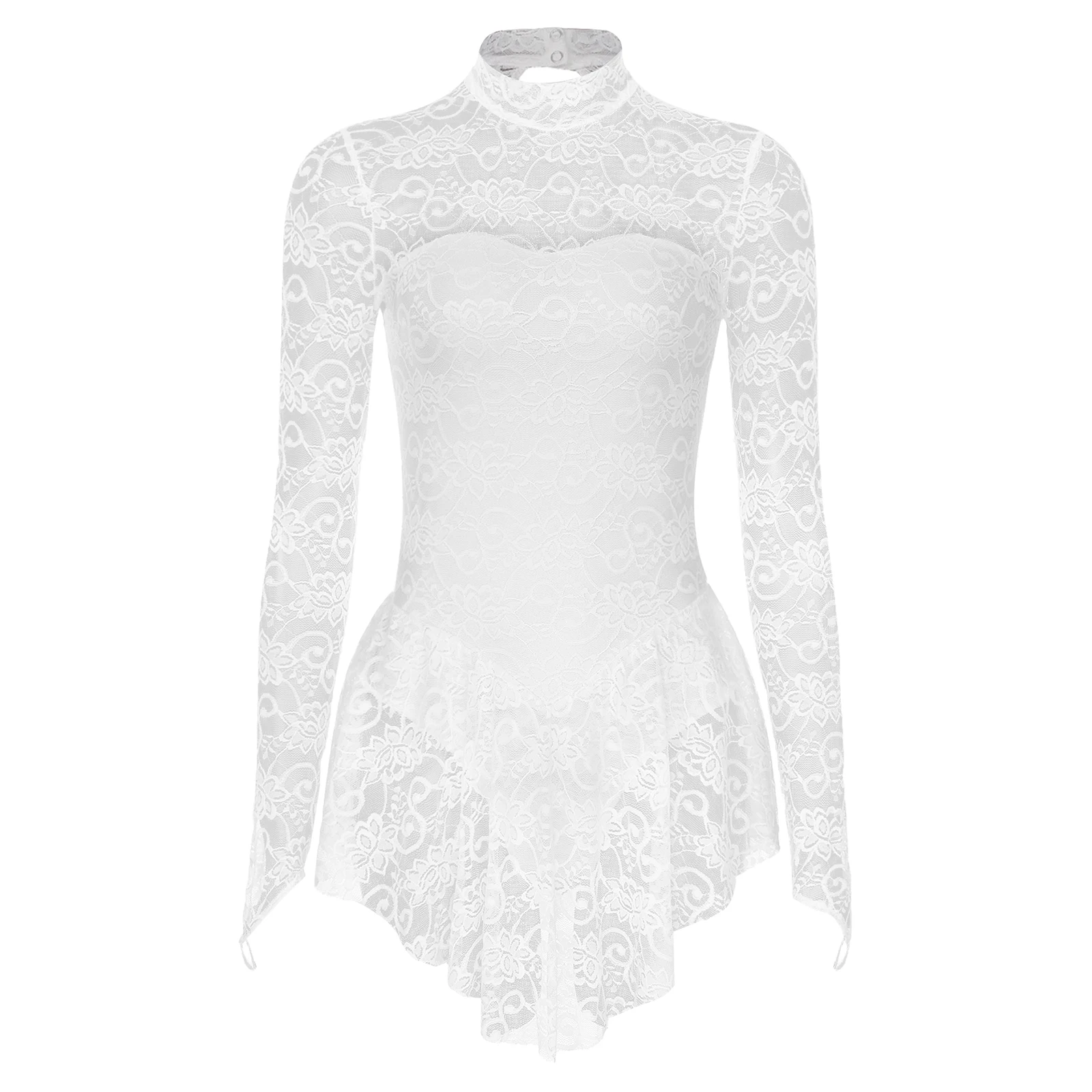 Womens Adult Long Sleeve Lace Gymnastics Tight Jumpsuit Mock Neck Figure Ice Skating Roller Skating Ballet Dance Leotard Dress