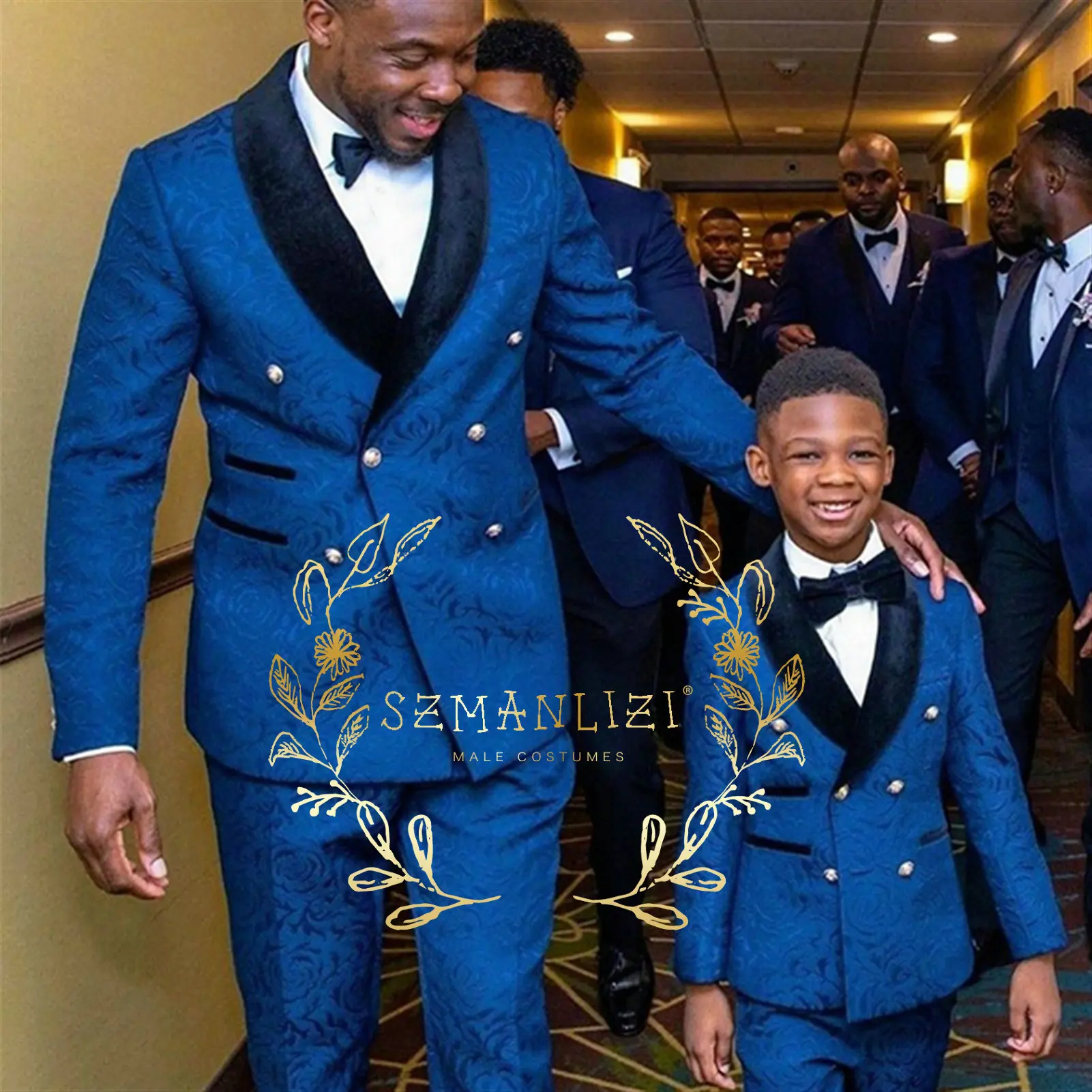 2023 Royal Blue Jacquard Boys Suits For Weddings Kids Double Breasted Blazer Pants 2Pcs Outfit Flower Children Tuxedo Costume