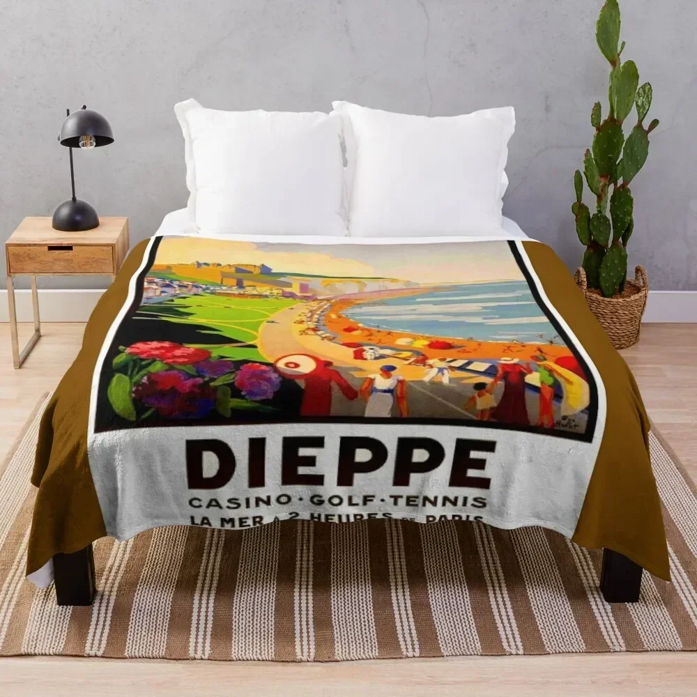 DIEPPE FRANCE : Vintage 1930 Resort Beach Scene Advertising Print Throw Blanket For Decorative Sofa Decorative Sofa Blankets