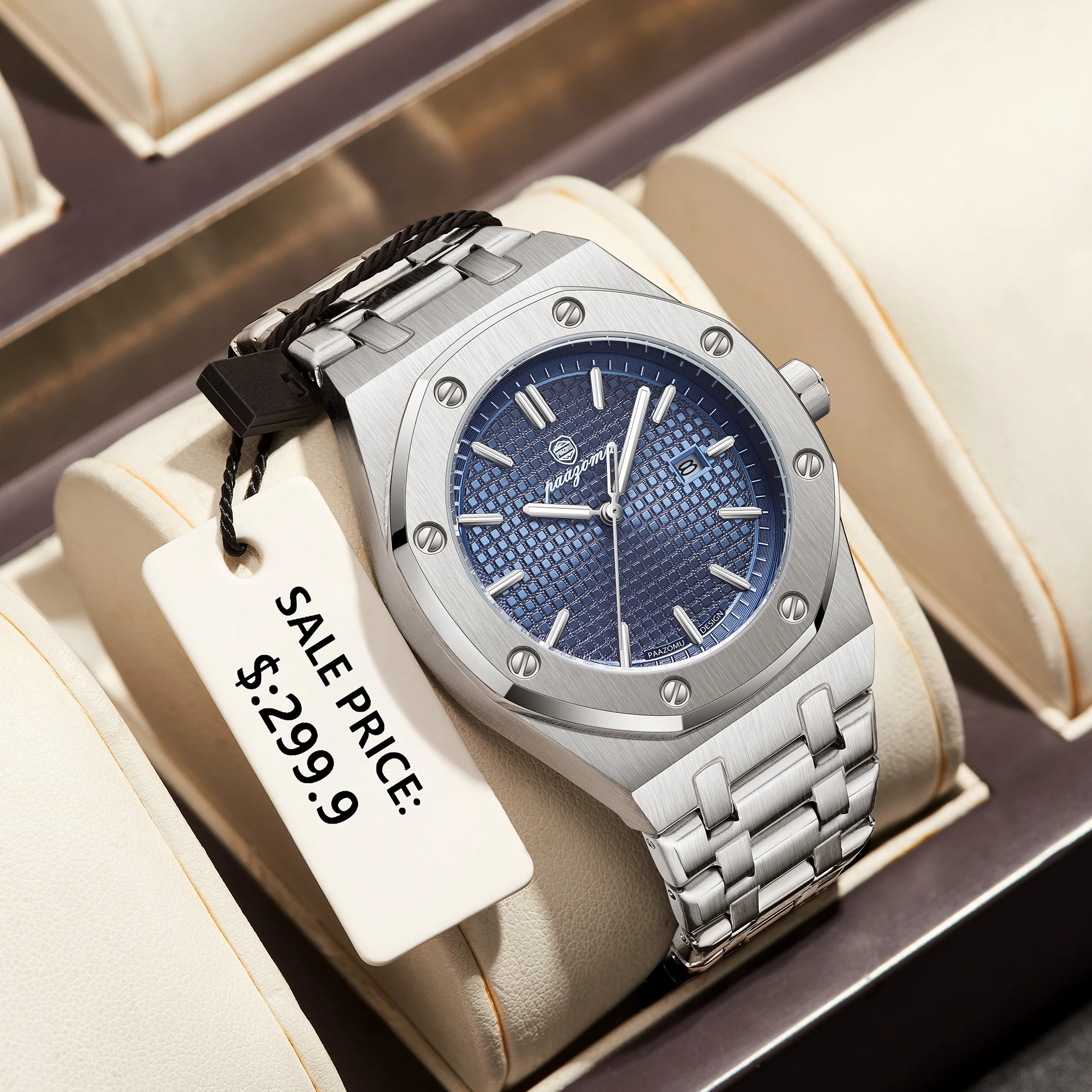 นาฬิกาข้อมือผู้ชายหรูหราสไตล์ทหารรุ่นใหม่ปี 2025 หน้าปัดกลม กันน้ำ เรืองแสง แสดงวันที่และสัปดาห์ สายสแตนเลส สตีล ควอตซ์ พร้อมกล่อง