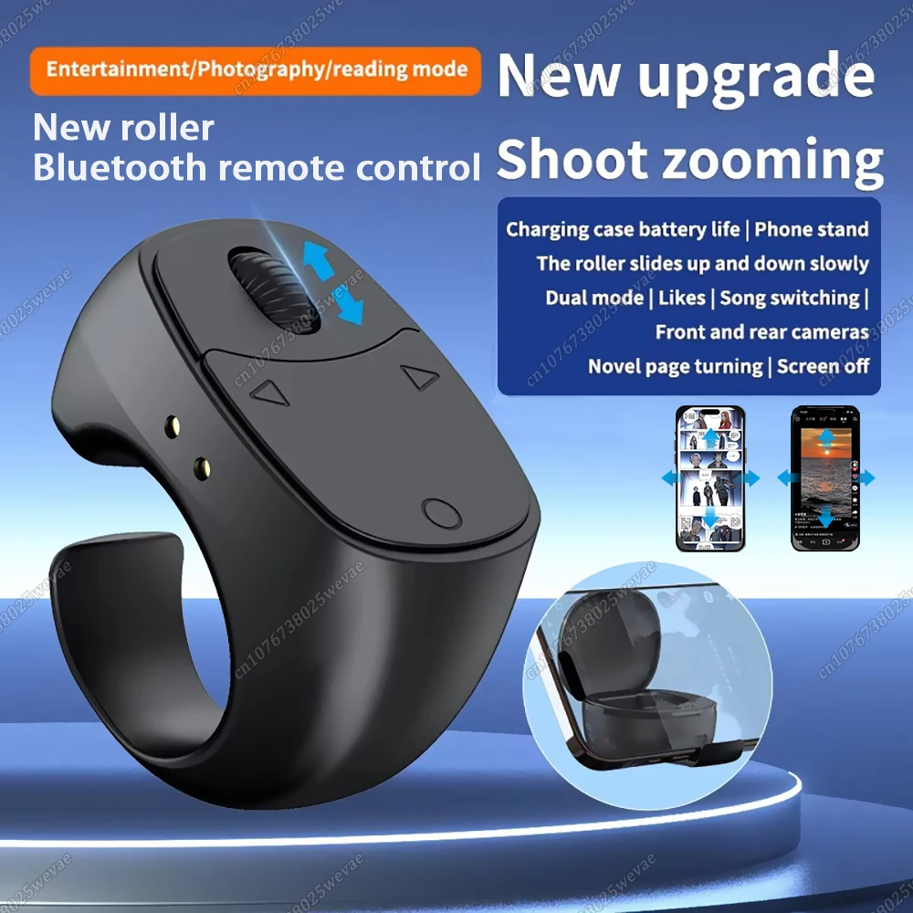 Mini Wireless Bluetooth Page Turner, Fingertip Ring Remote Control for iPhone IOS Android iPad Kindle,USB Rechargeable Scrolling