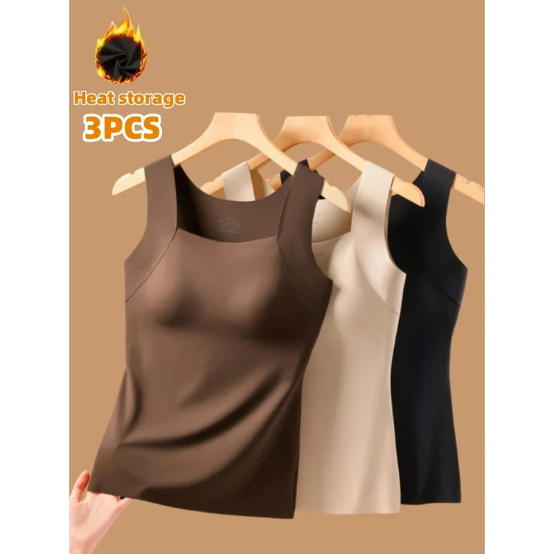 

3pcs Women's Sleeveless Layering Tops Set - Seamless Hot Vests, No Underwear Needed, Moderate Support Non-Detachable Pads,