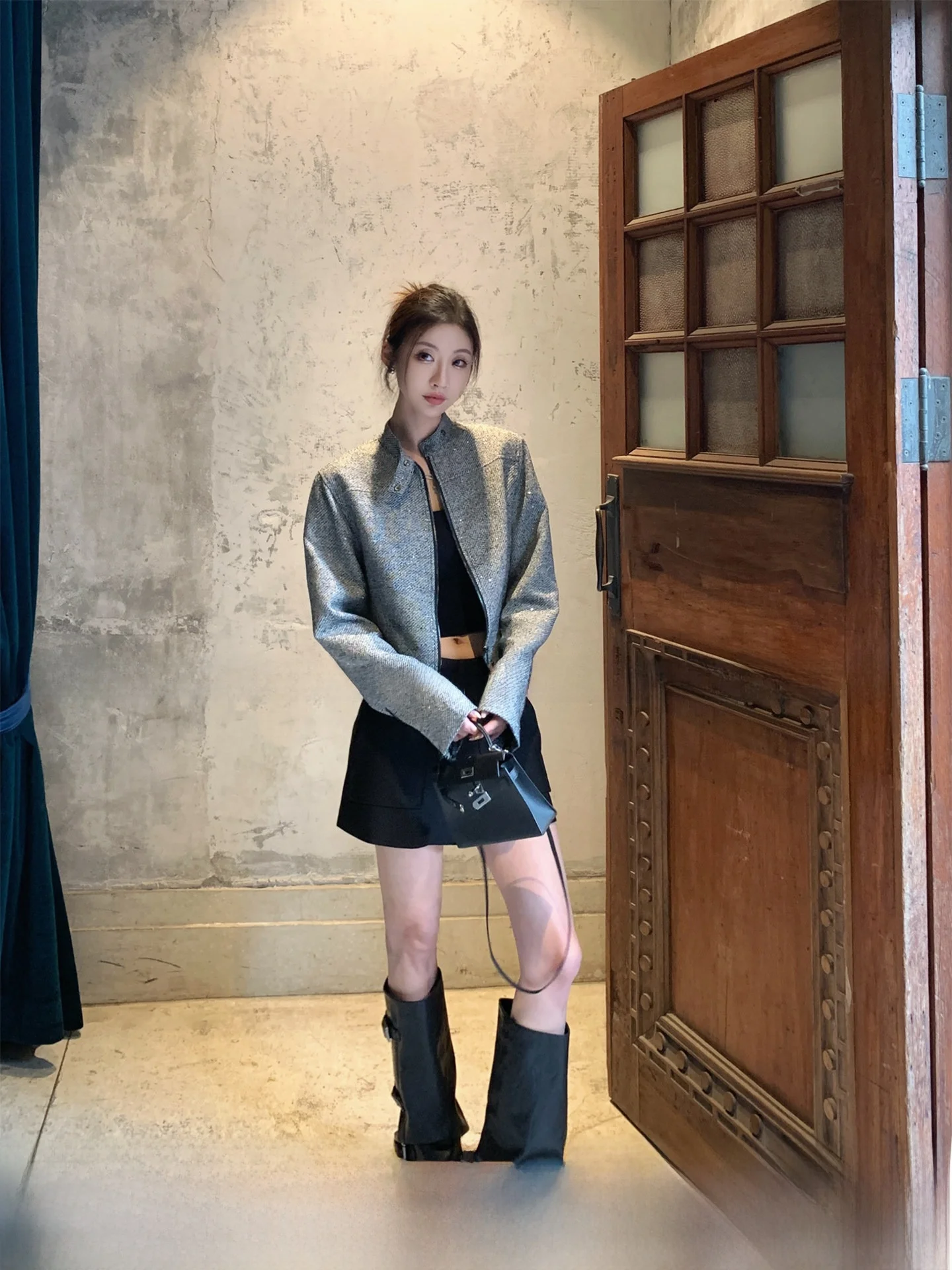 

Gv Big Brother Galaxy Luster Jacket Women's Short Coat Sparkling Stand Collar Long Sleeve Casual Style Spring New Arrival
