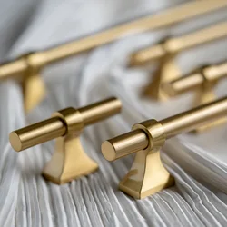 Luxury Satin Brass Furniture Handle Solid Brass Kitchen Cabinet Pull T Bar Handle for Bedroom Vintage Handle