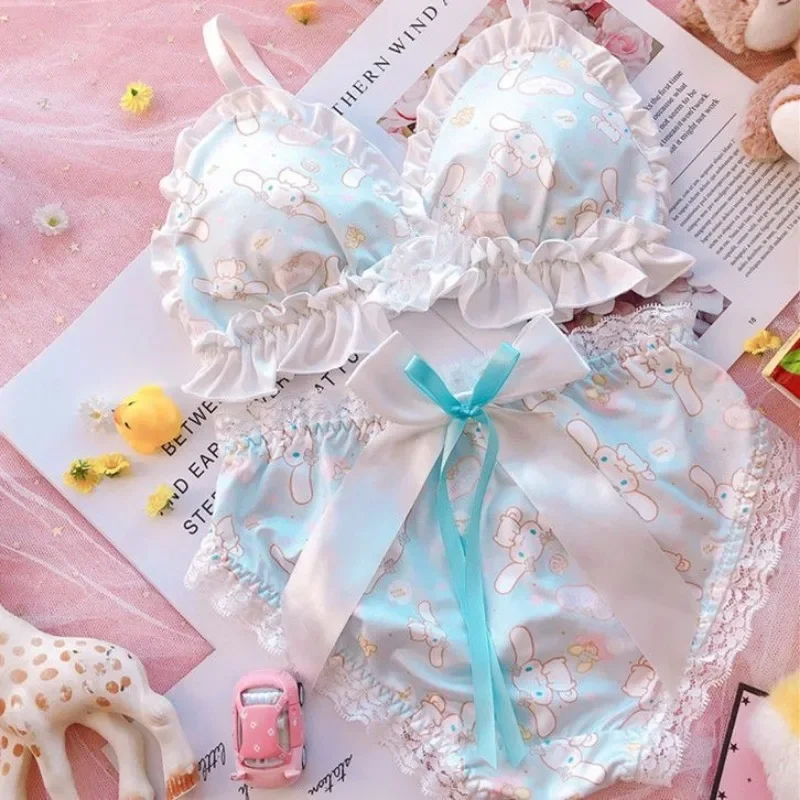 Sanrio Kawaii My Melody Girls Underwear Anime Cinnamoroll Print Lace Edge Accessories Pure Desire Push-up Bra Clothes Set