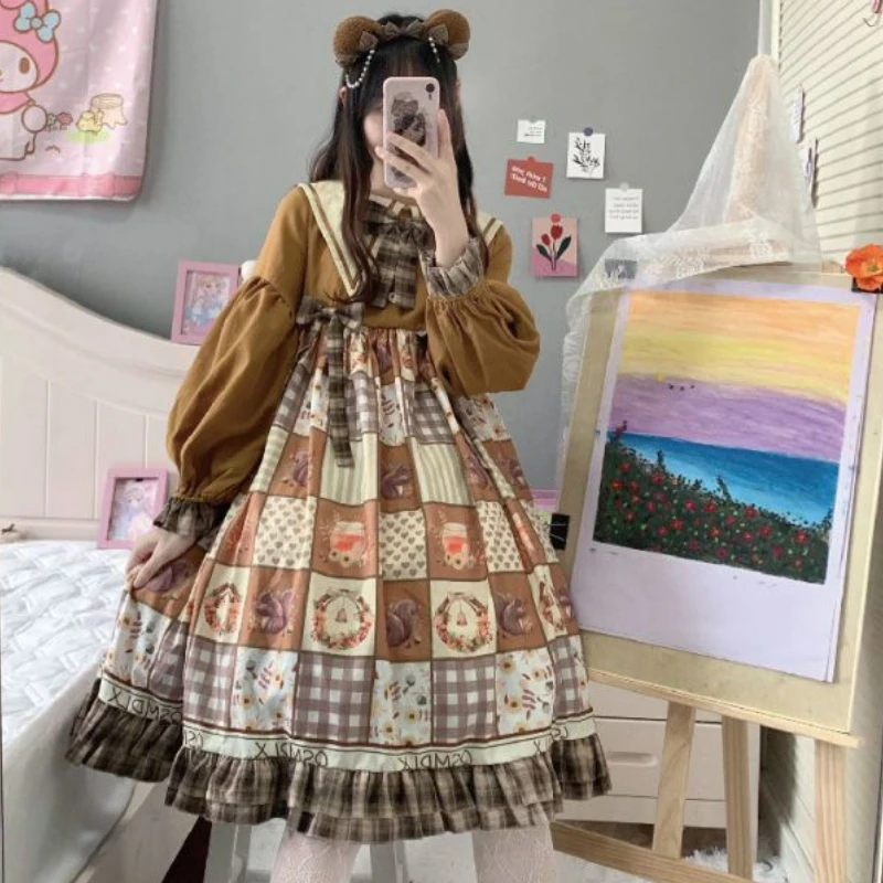 Victorian Gothic Lolita OP Dress Women Kawaii Blaid Bow Cartoon Print Long Sleeves Princess Dresses Girls Punk Y2k Party Dresses