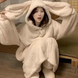 Rubbit Robe Women Sleepwear Hooded Nightdress Winter Fleece Pajama Night Wears Warm One Piece Nightgown Ruffles Homewear 2024