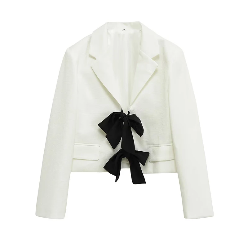 YENKYE Contrasting Bow White Crop Blazer For Women Long Sleeve Lapel Collar Elegant Party Suit Jacket  Chic Lady Outfits