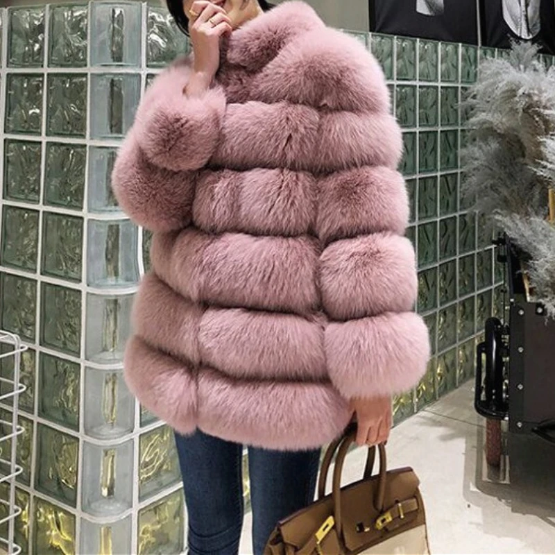 

Women Faux Fur Coats Work Stand Collar Mid Length Coat Y2k Streetwear Elegant Jackets Open Stitch Thick Warm Autumn Winter 2025