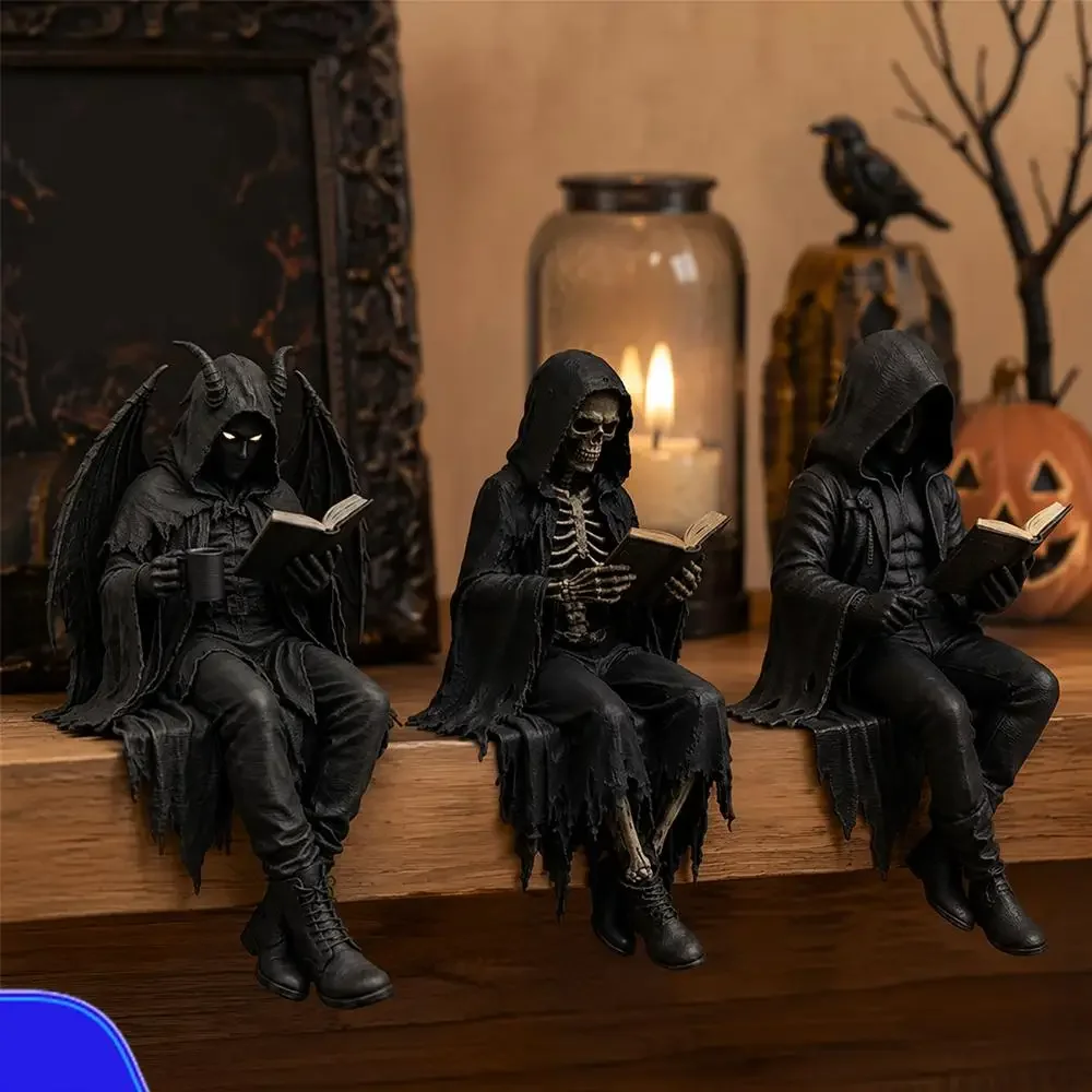 Gothic Grim Reaper Skeleton Reading Statue Halloween Festival Decoration Drop-Resistant Resin Figurine Demon Dark Sculpture Gift