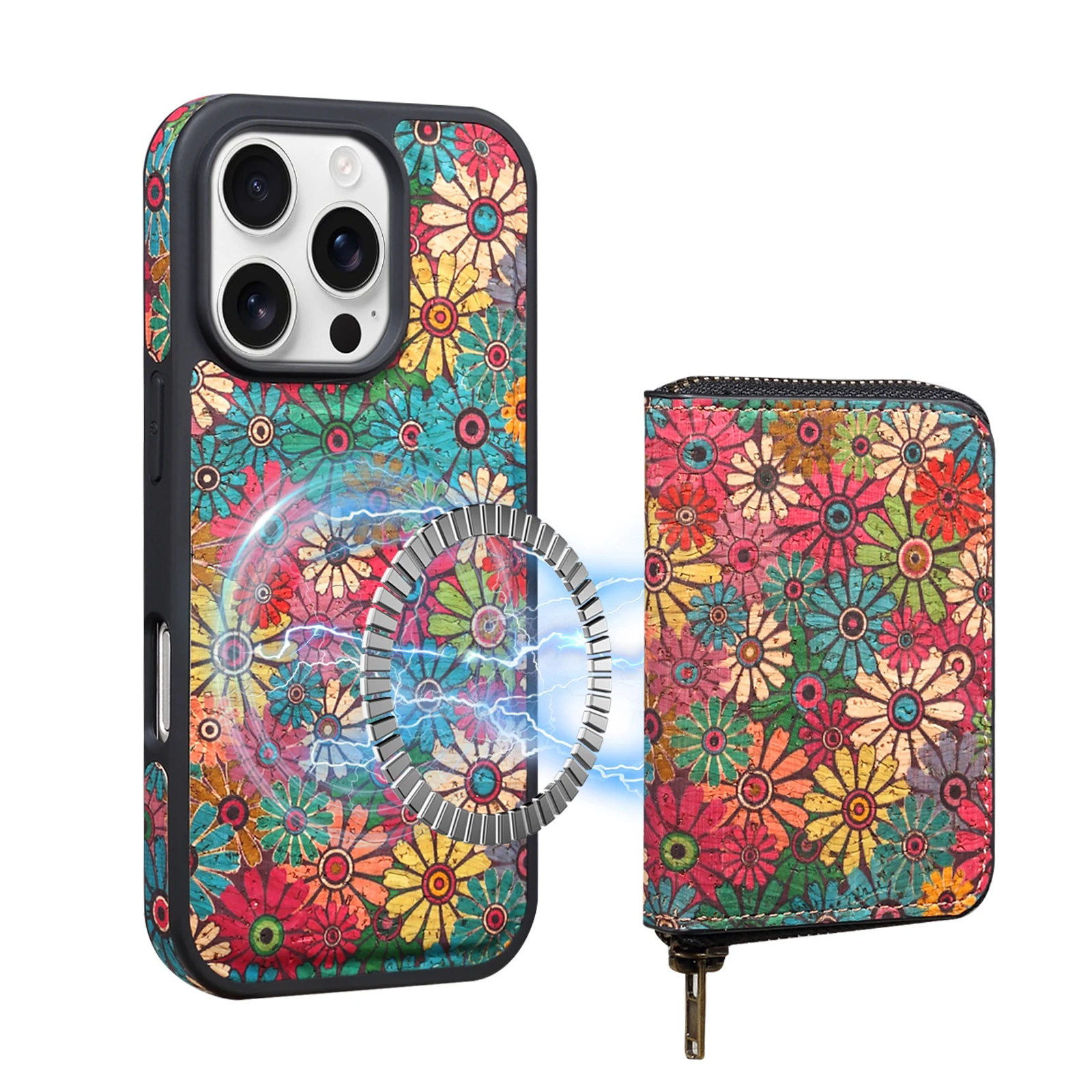 Zipper Bag Leather Wallet Phone Case For iPhone 12 13 14 15 16 Pro Max Plus Wireless Charging Magnetic Flower Figure Card Cover