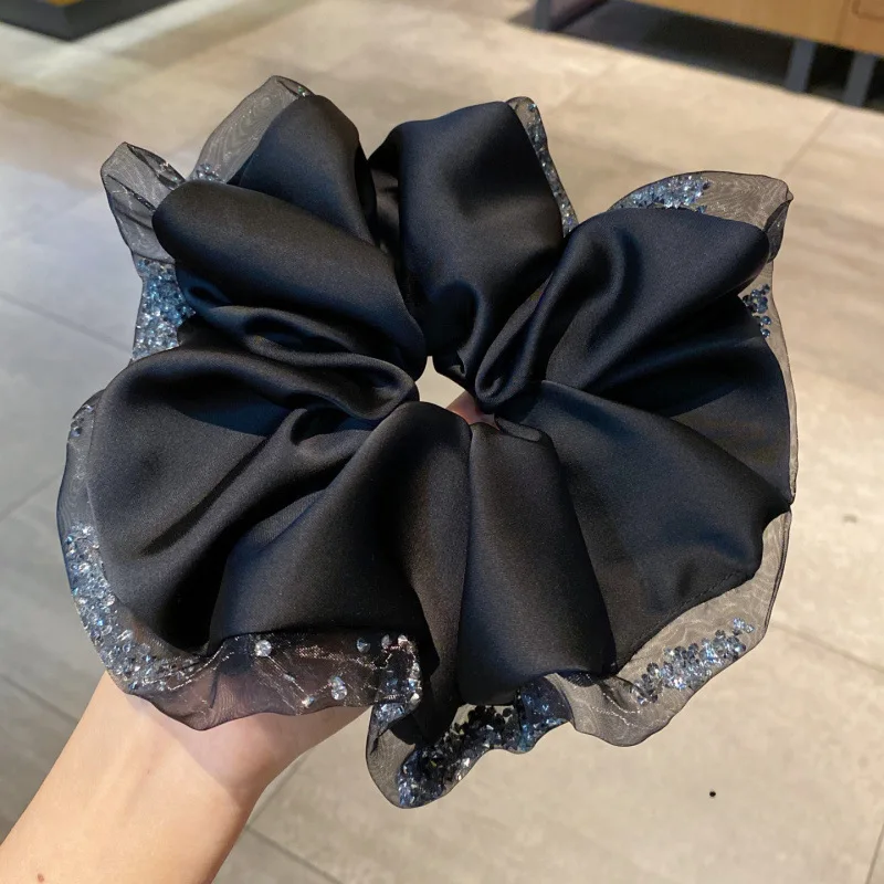Übergroße Haargummis aus Seidenkristall für Frauen, übertrieben, glänzender Strassstein, schwarze Netz-Kopfbänder, modischer Haarschmuck