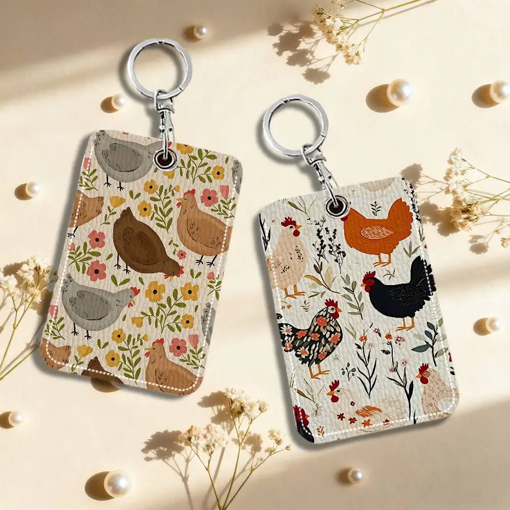 Cute Chicken Flower Pattern Keyring Leather Access Card Holder Keychain Community Proximity Card Protective Case