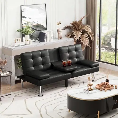 Futon Sofa Bed, Leather Futon Couch with Removable Armrests, Adjustable Recliner Sleeper Sofa Bed with Dual Cup Holders