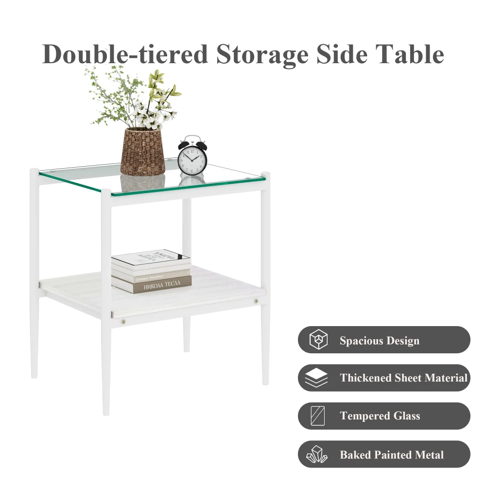 Set of 2 Rectangle End Table, Tempered Glass Tabletop with MDF layer, Modern Table for Living Room , Transparent Glass White