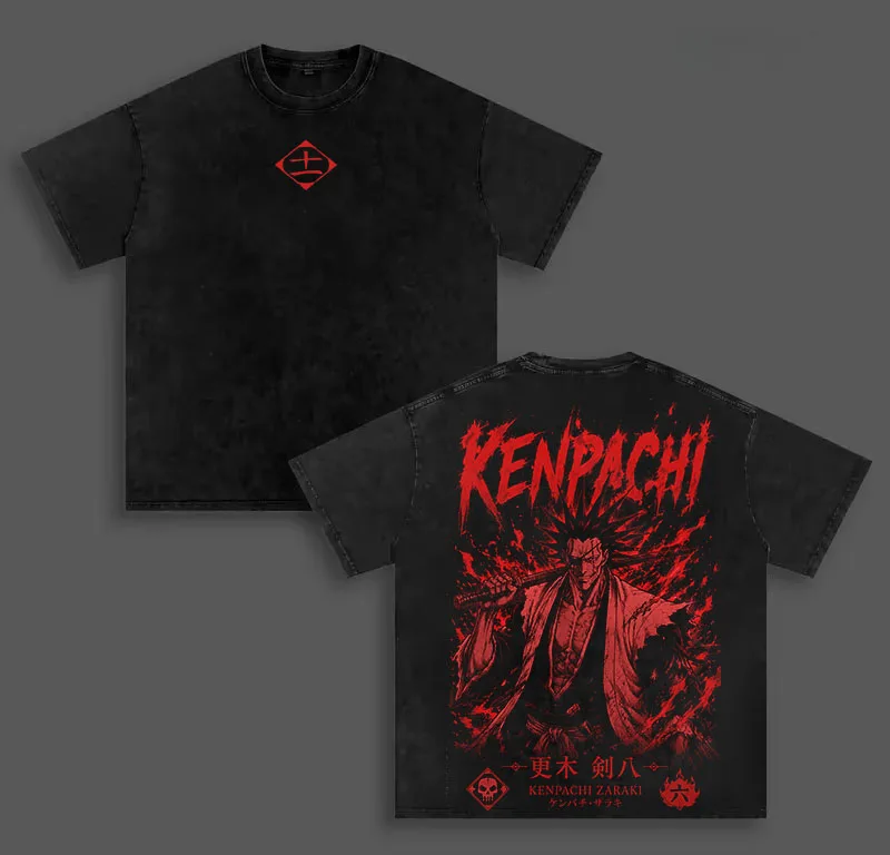 Zaraki Kenpachi BLEACH T-shirt Men Clothing Manga Vintage Washed T Shirt Summer High Quality Cotton Tees Casual Loose Clothes