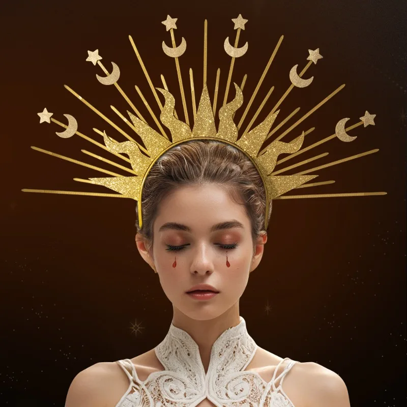 

Sun God & Moon Star Headpiece – Women’s Gold Goddess Hair Clip – Virgin Mary Cosplay Runway Costume Accessory