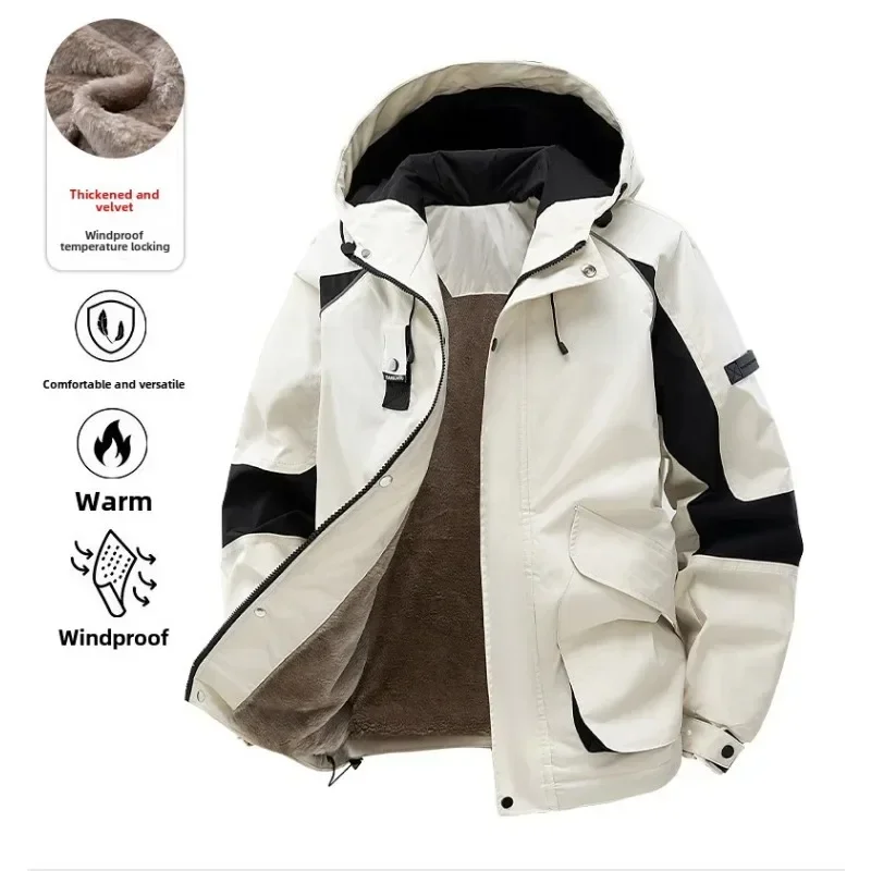 

Winter Mens Outdoor Windbreaker Fleece Thicken Warm Jacket Men Hooded Waterproof Hiking Jackets Loose Cargo Coat Male Clothing