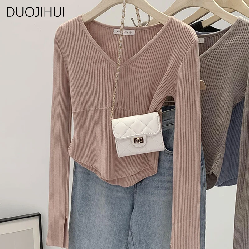 DUOJIHUI farina d'avena Chicly scollo a v lavorato a maglia vita sottile pullover femminili autunno Basic manica lunga moda pullover donna tinta unita