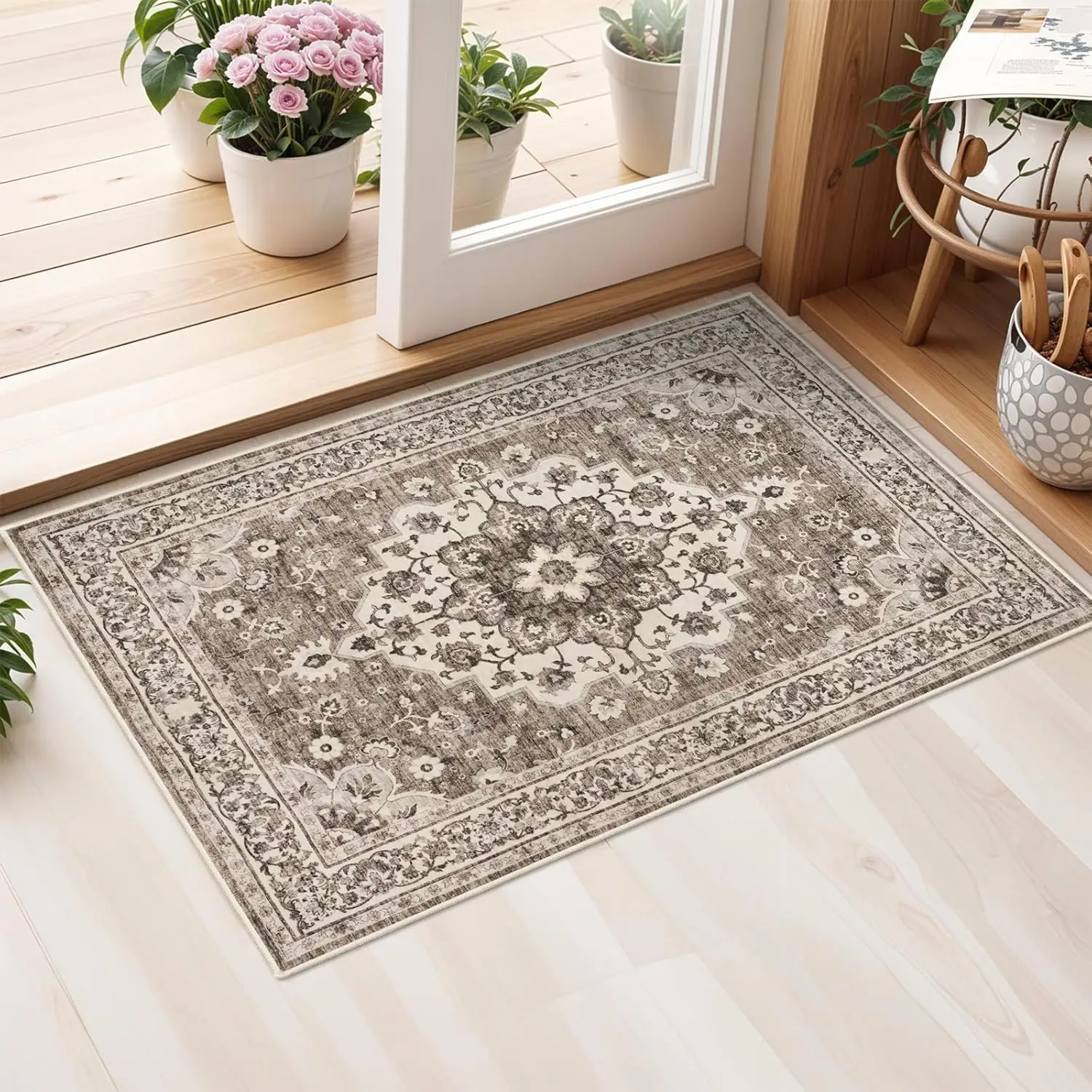 

2x3 Washable Oriental Area Rug - Soft Non-Shedding Carpet for Living Room, Bedroom, Waterproof & Stain Resistant, Beige
