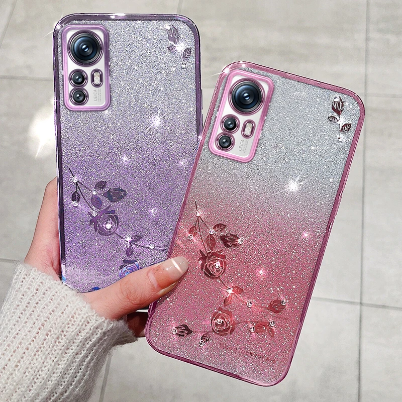 Bling Glitter Flower Case For Xiaomi Redmi Note 12 12S 11 11S 10S 10 Pro Max Plus Turbo Prime 12C 10C 11A Plating Soft Cover