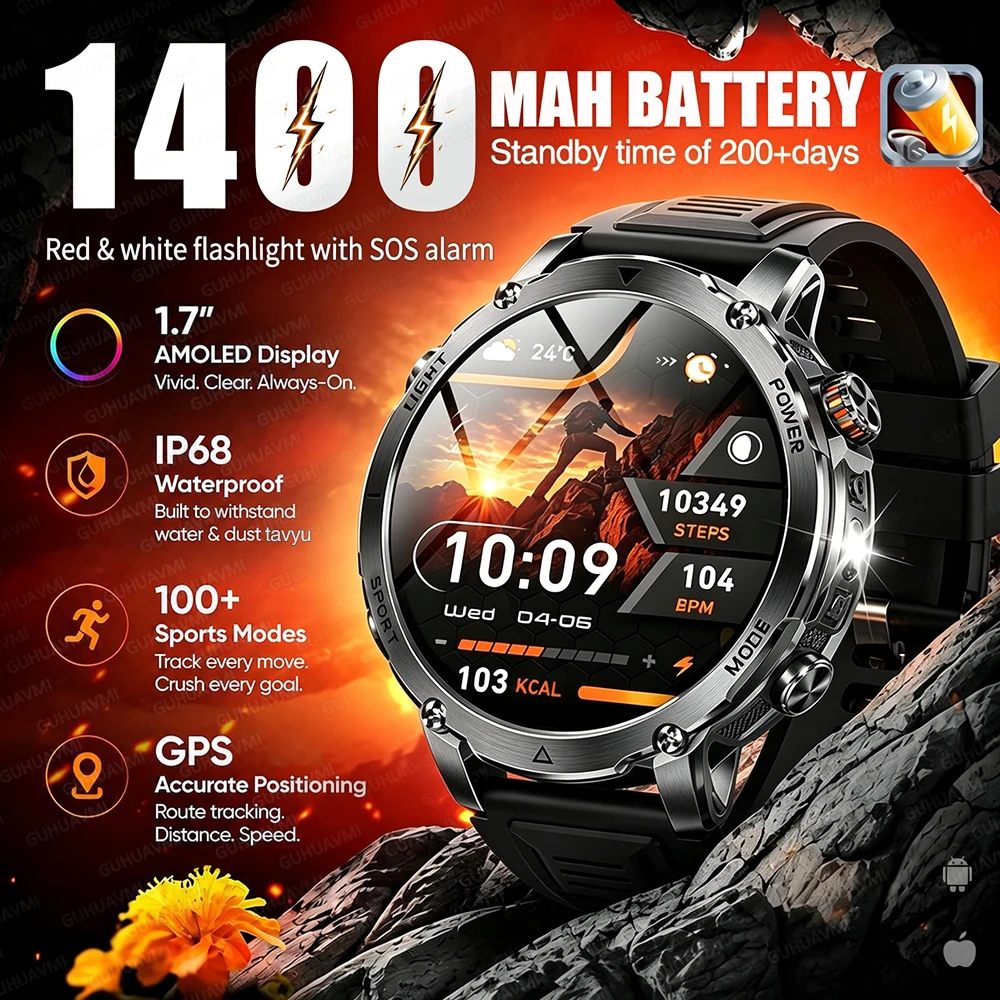 New 1400mAh Big Battery Smart Watch Men Outdoor GPS Flashlig