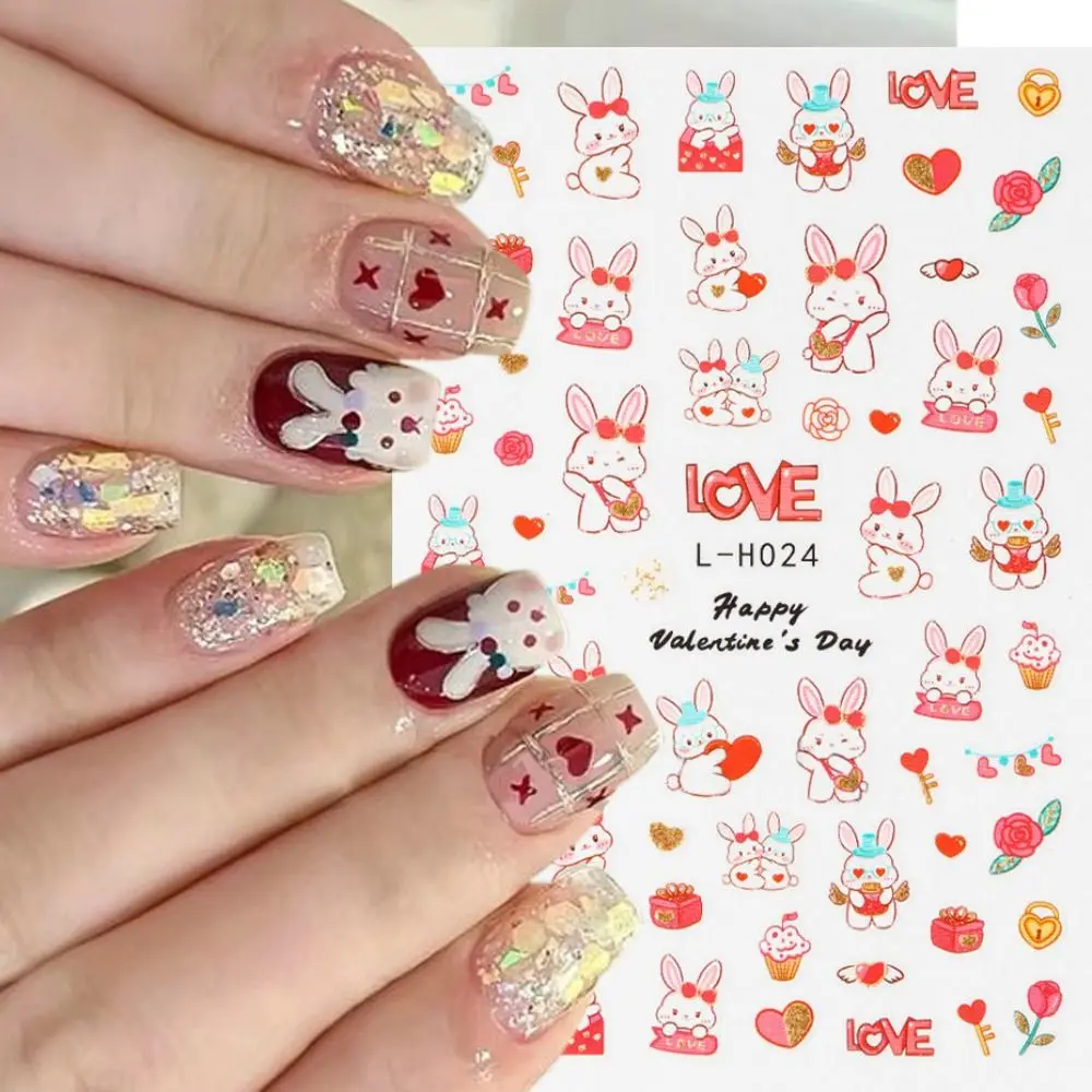 Slider Decals Cute Nail Sticker Rose Flower Heart Letters 3D Valentine Cartoon Adhesive Nail Art Decorations Manicure