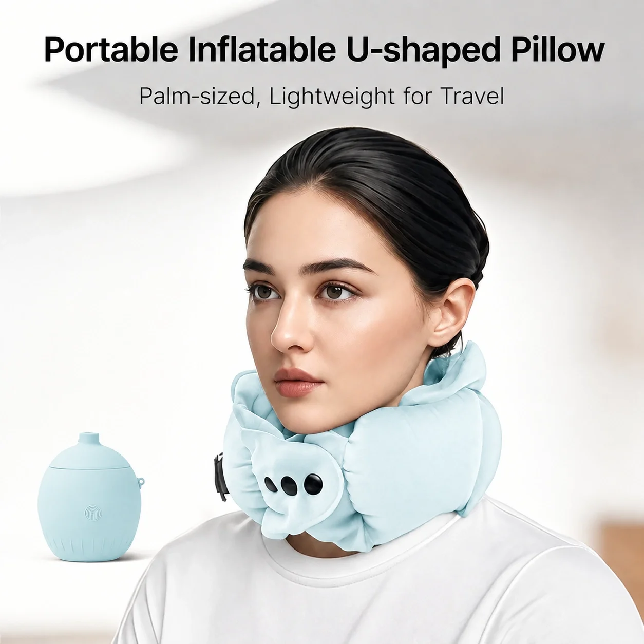 2-in-1 Pump & Storage Case Inflatable Neck Pillow, 360° Support for Airplane, 10s Inflation, Car & Travel, Easy Carry & Clean