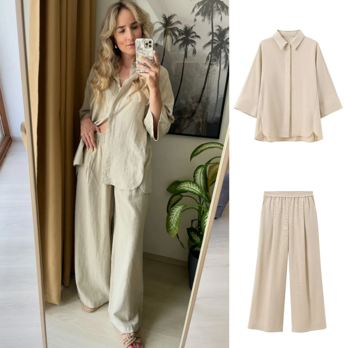 

PB&ZA Women's 2024 Summer New French Style Flip Collar Loose Shirt/Elastic Waist Straight Trouser Set