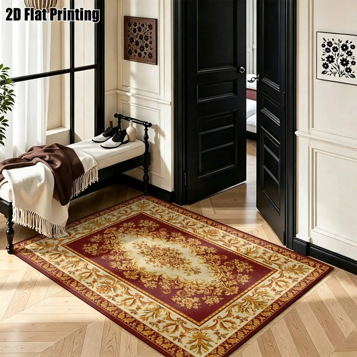 1Pc 2D Printed Burgundy Base Gold Floral Carpet, European/Retro/Geometric/Bohemian Style, Home Decor, Multi-Size, Machine Washable, for Entrance, Dining, Foyer, Bedroom, Living Room