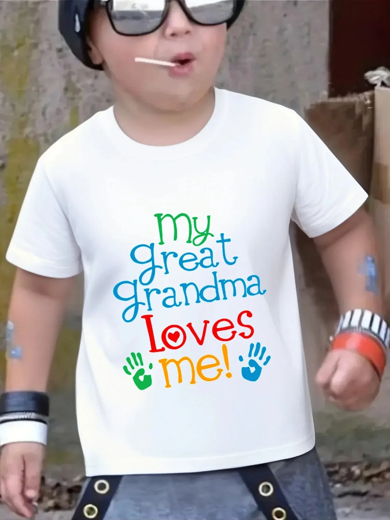 My Great Grandma Loves Me Handprint Letter Art Graphic Print Family Matching Short Sleeve Tee Boys Girls Kids Casual Daily Tops