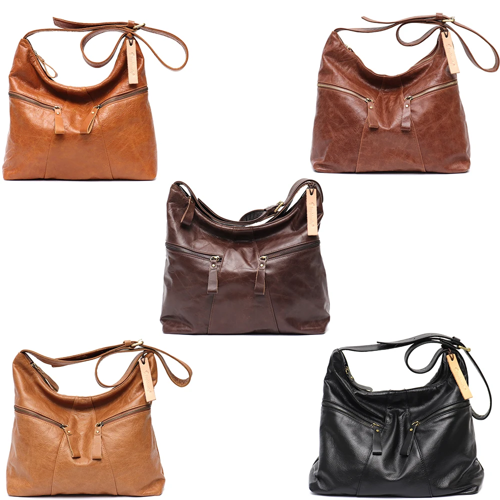 SC Vintage Large Casual Women Shoulder Bag Luxury Oil Wax Genuine Leather Multi Pockets Hobo Handbag Retro Daily Crossbody Purse