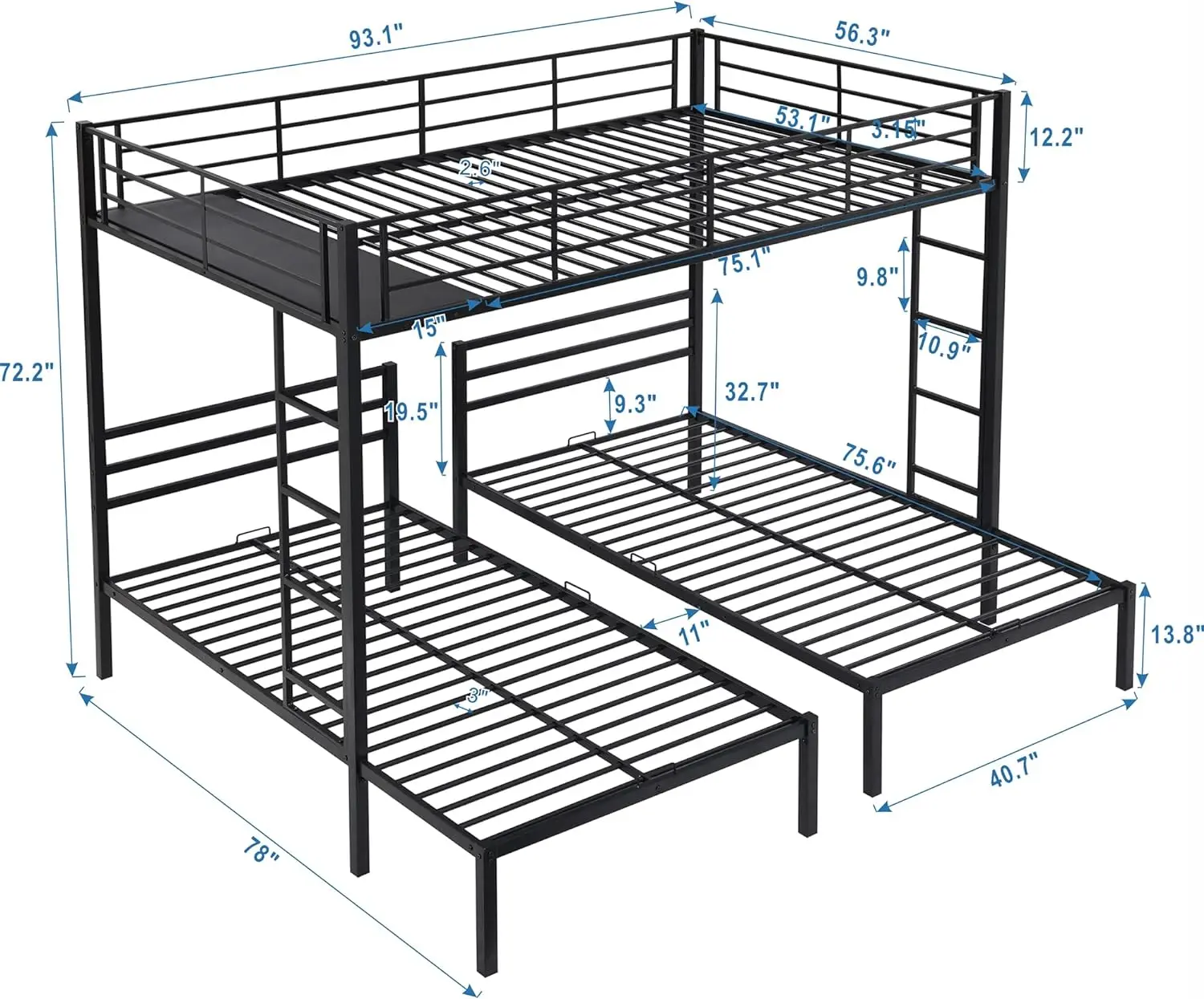 P Purlove Metal Triple Bunk Bed For Kids Teens, Full Over Twin&Twin Size Metal Bunk Bed With Built-In Shelf And 2 Ladders For