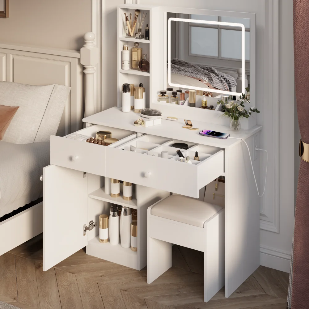 Fashion Vanity Desk with Mirror and Lights for Makeup, 3-Color Lighting Adjustable Brightness, 2 Large Drawers, White