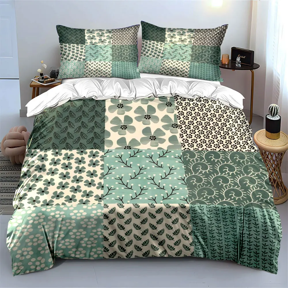 Sage Green Leaf Floral Patchwork Bedding Set,Minimalist Dot Twig Flower Grid Print Duvet Cover Set,Calm Tone 3pc For Room Decor