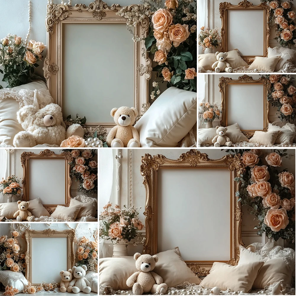 보호 사진 배경 귀여운 장난감 곰 사진 프레임 장식, 신생아 초상화 사진 배경, 스튜디오 소품 배너