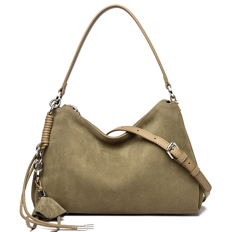 100% Echtes Wildleder Damen Schulter-Umhängetaschen Retro Echtleder Handtasche Designer Große Kapazität Pendler-Handtaschen – Detail 15