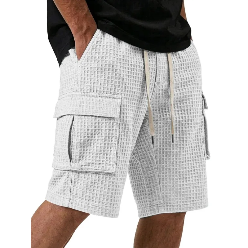 Men Waffle Knit Drawstring Cargo Shorts Loose Straight Five Inch Casual Sports Shorts S 4XL