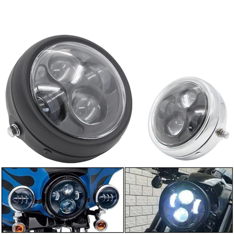 Motorcycle Headlight,Universal Motorcycle Retro Shell White Lens LED Headlamp Front Headlight(Black)