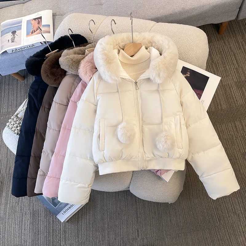 2026 Fashion Down Cotton-padded Jacket Women's Winter Short Parkas Hooded Fur Collar Thicken Coats Student Loose Bread Outerwear