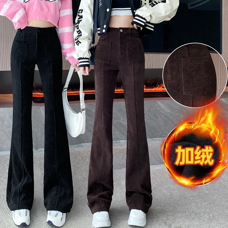 

Autumn Winter Female Black Thickening Corduroy Flared Pants High Waisted Micro Pants Women Coffee Corduroy Trousers Pantalons