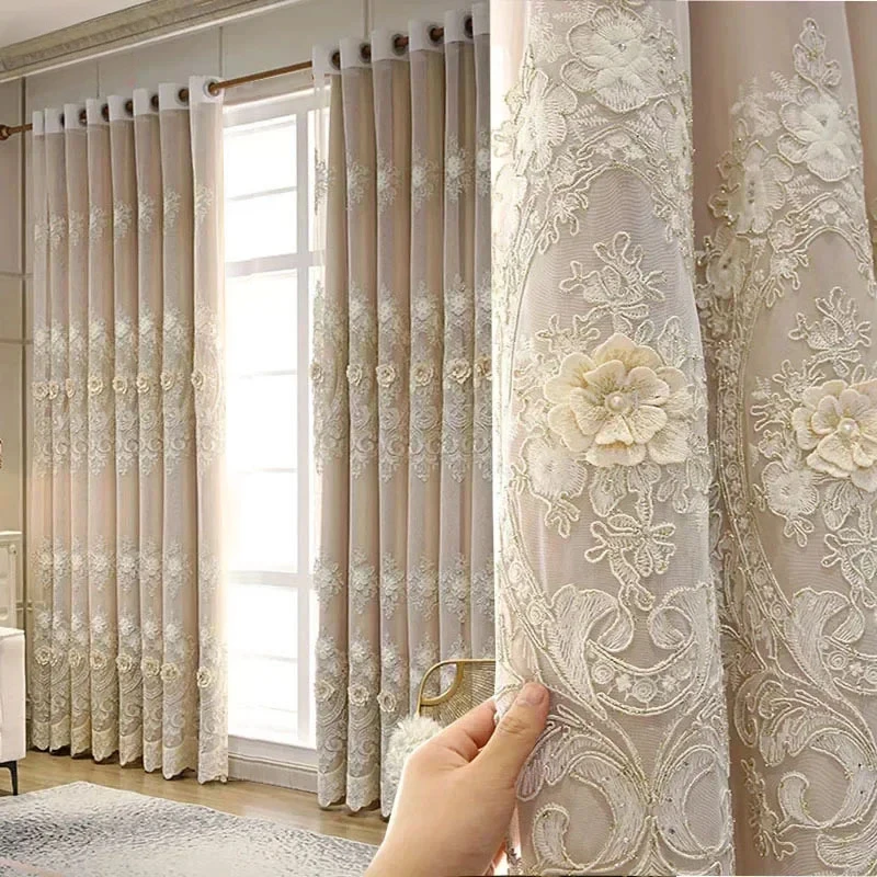 

Embroidery Yarn Curtains for Living Room Bedroom Dining European Luxury Tulle Imitation Satin Royal Home Double Layer Romantic