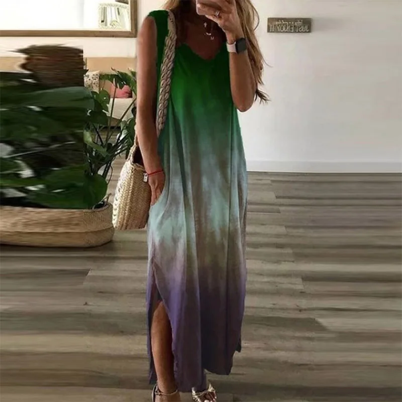 Women's V-neck Casual Loose Fashion Tie Dye Gradient Color Long Dresses Sleeveless Split Dress with Pockets Summer Beach Skirt